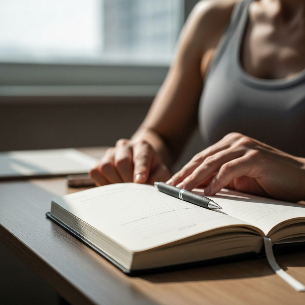 Close-up shot of a fitness journal on a desk, a pen resting on the open page, soft morning light filtering through a window.