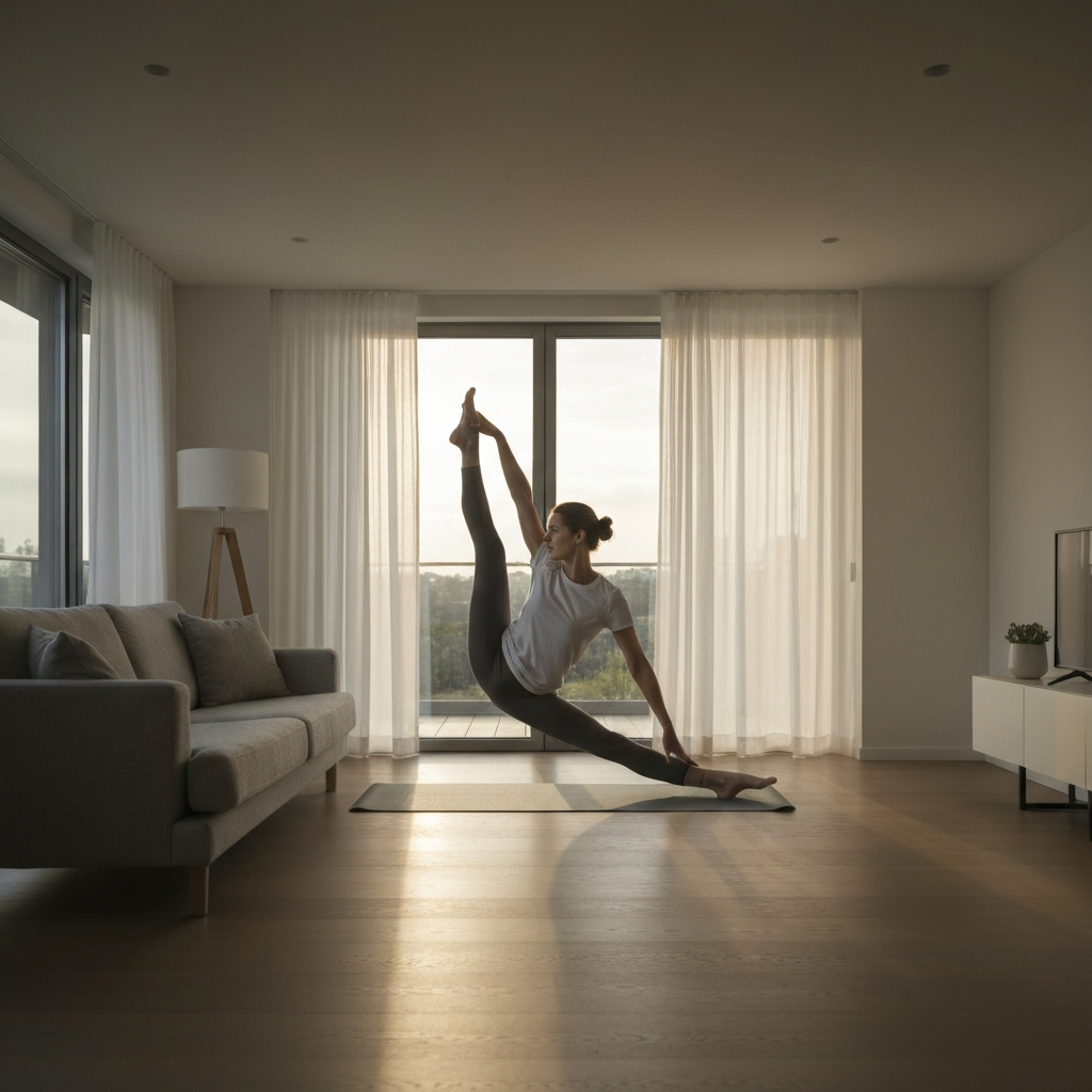 A person stretching in a brightly lit living room at dawn, yoga mat on the floor, minimalist decor, soft, diffused light.