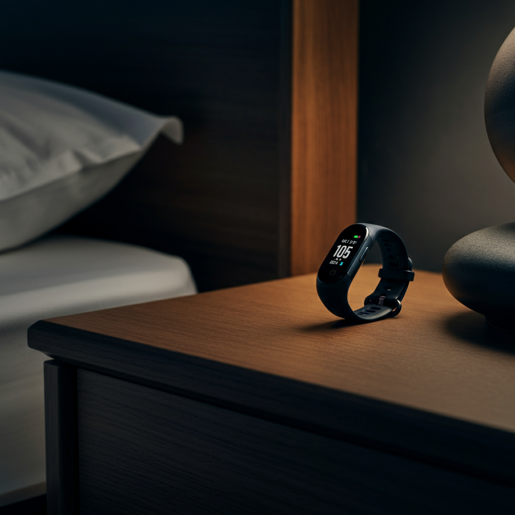 A fitness tracker on a nightstand next to a bed, dim lighting, soft focus on the numbers displayed on the tracker.