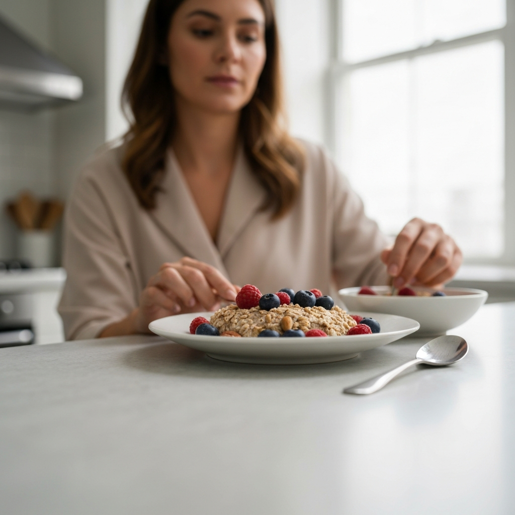 A close-up shot of a healthy breakfast – oatmeal with berries and nuts – in a bright kitchen, shallow depth of field.