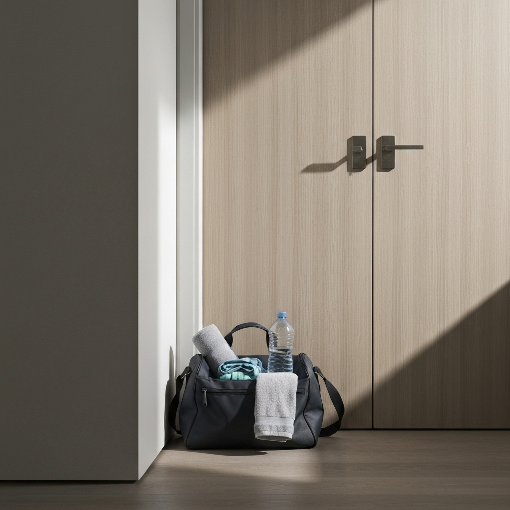 A neatly organized gym bag packed with workout clothes, a water bottle, and a towel, placed near the front door, soft ambient light.