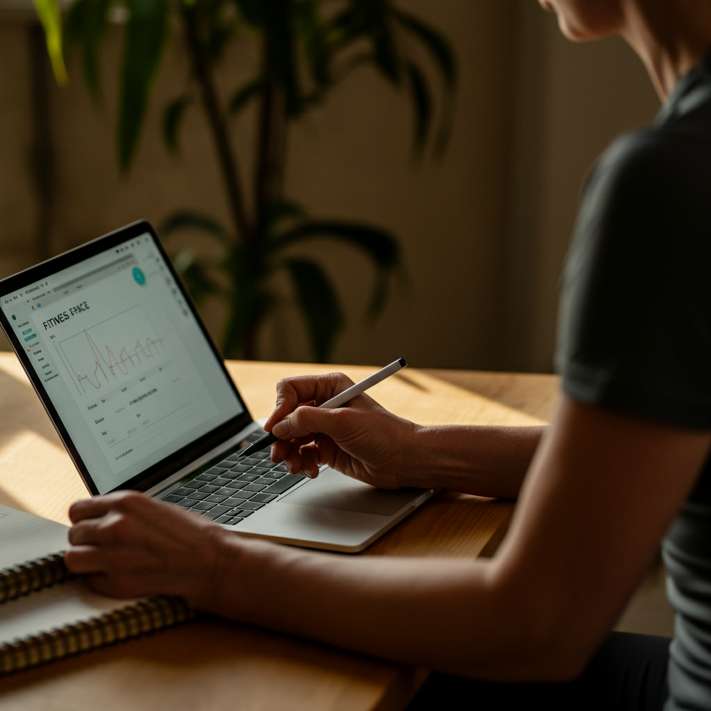 A person sitting at a desk reviewing notes in a fitness journal, laptop in the background showing a fitness tracking app, natural light from a nearby window.