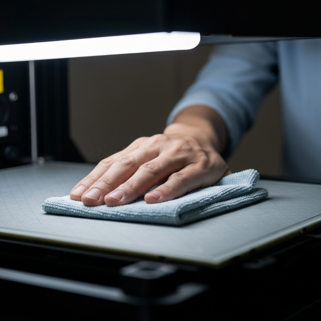 A close-up shot of a hand wiping down a 3D printer bed with a microfiber cloth soaked in isopropyl alcohol. The lighting is soft and diffused, highlighting the texture of the bed.