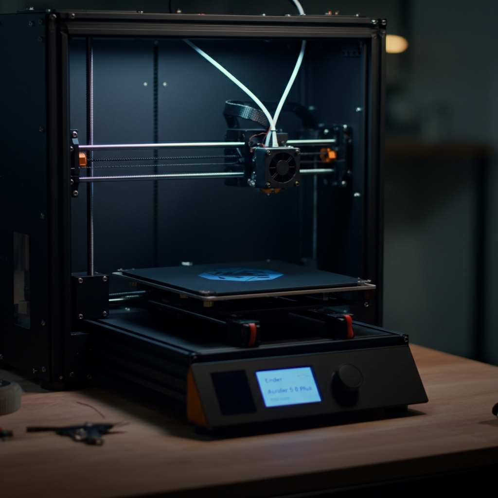 The Ender 5 Plus 3D printer automatically moving its print head to the auto-home position. The printer is well-lit in a clean, organized workshop.