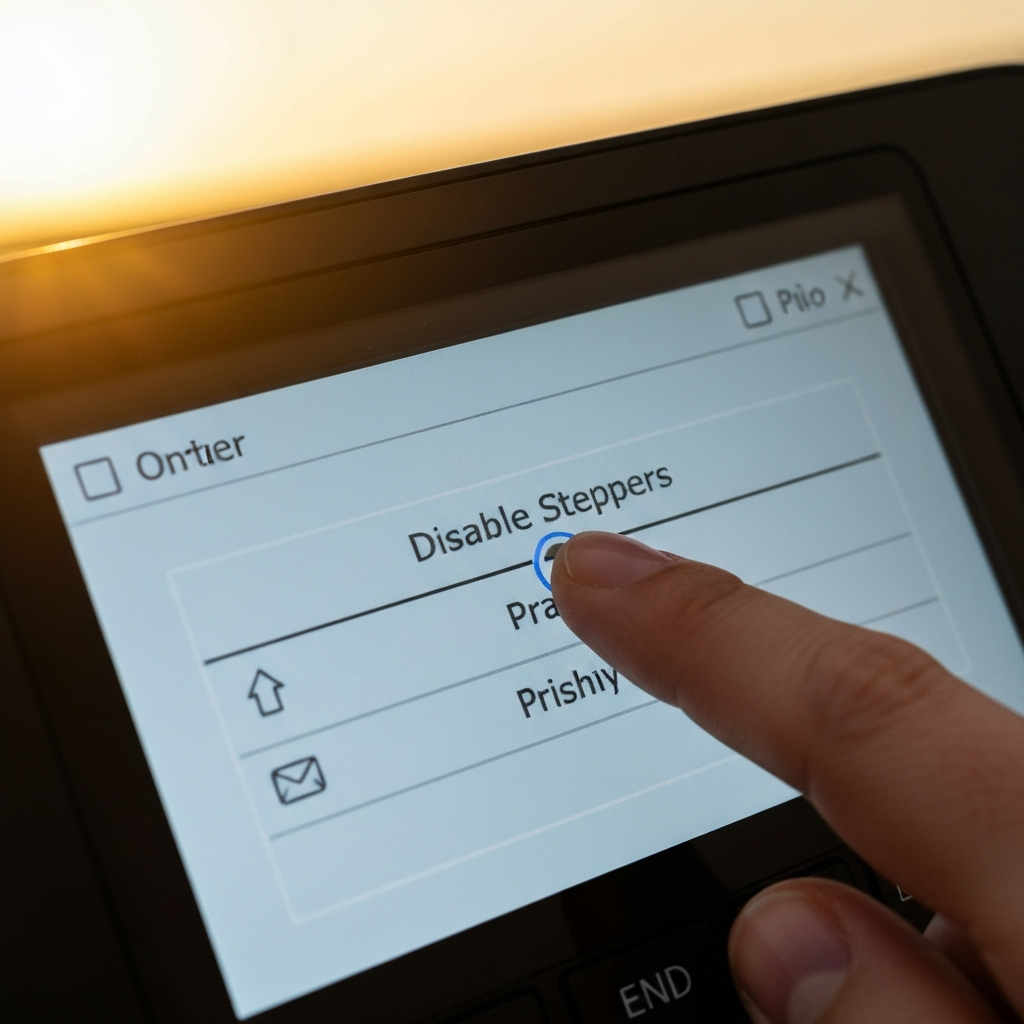 A close-up of the printer's LCD screen showing the "Disable Steppers" option highlighted in the menu. A finger is gently pressing the button to select it.