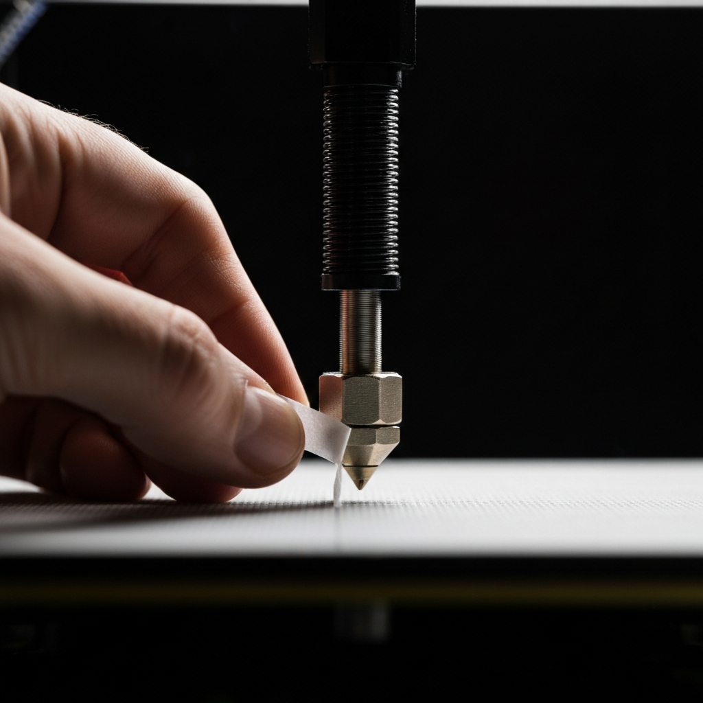 A hand gently sliding a piece of paper between the nozzle and the bed of a 3D printer. The focus is on the gap and the hand's gentle movement. The lighting is directional, highlighting the texture of the paper and the nozzle.