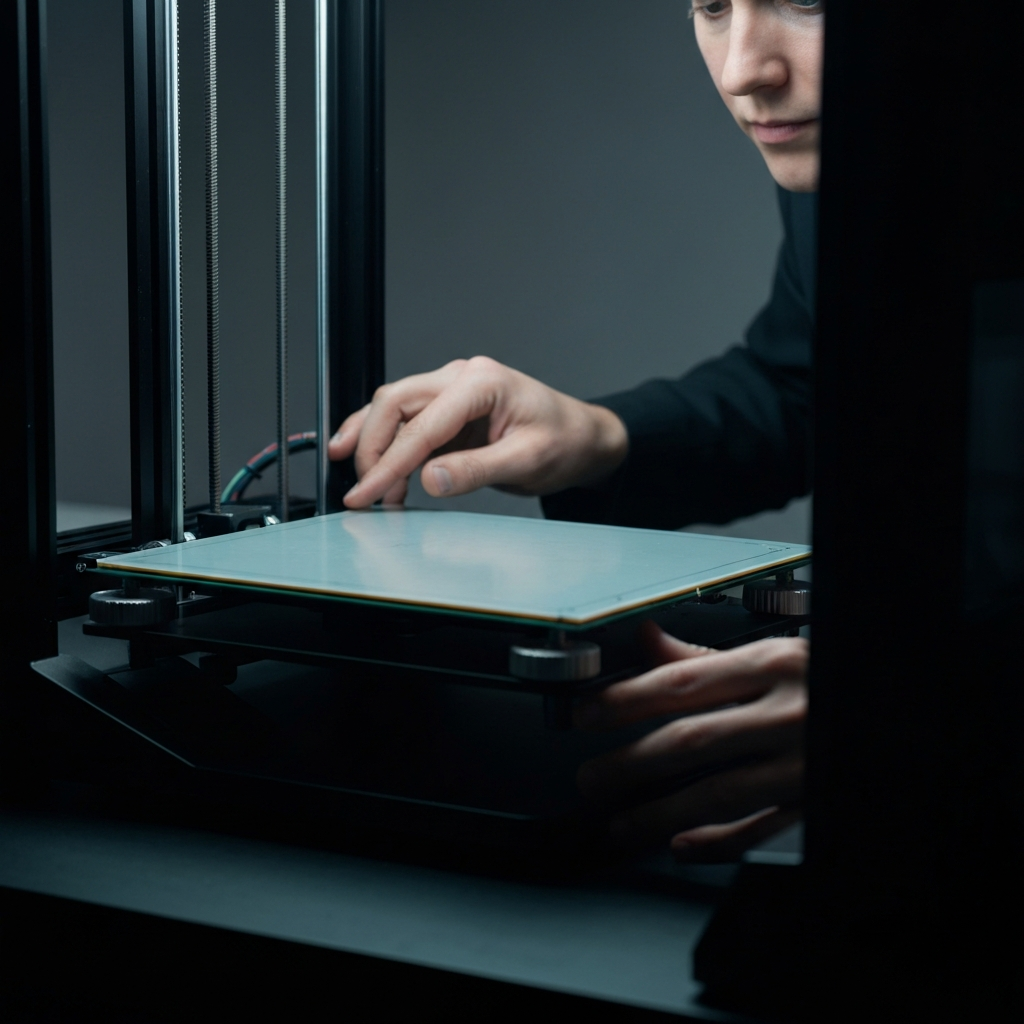 A time-lapse sequence showing a hand adjusting the leveling knobs under each corner of the 3D printer bed. The scene is well-lit and shows the entire printer.