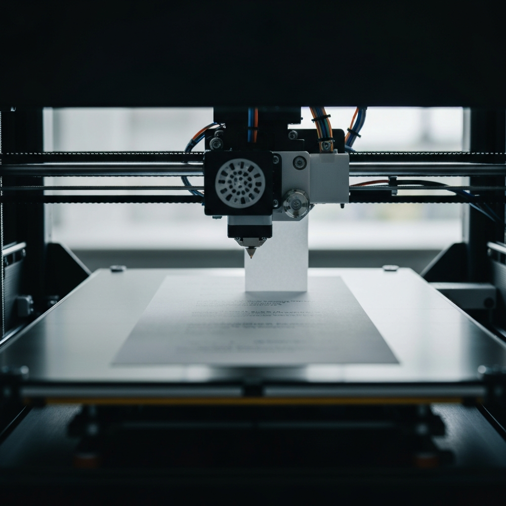A side-view shot of the 3D printer with the print head positioned in the center of the bed. A sliver of light illuminates the gap between the nozzle and the bed where the paper is being tested.