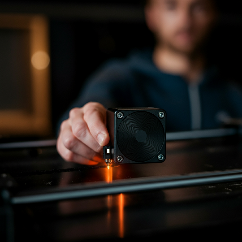 A BLTouch sensor deploying its probe towards the printer bed. The lighting is soft and highlights the precision of the sensor's movement.