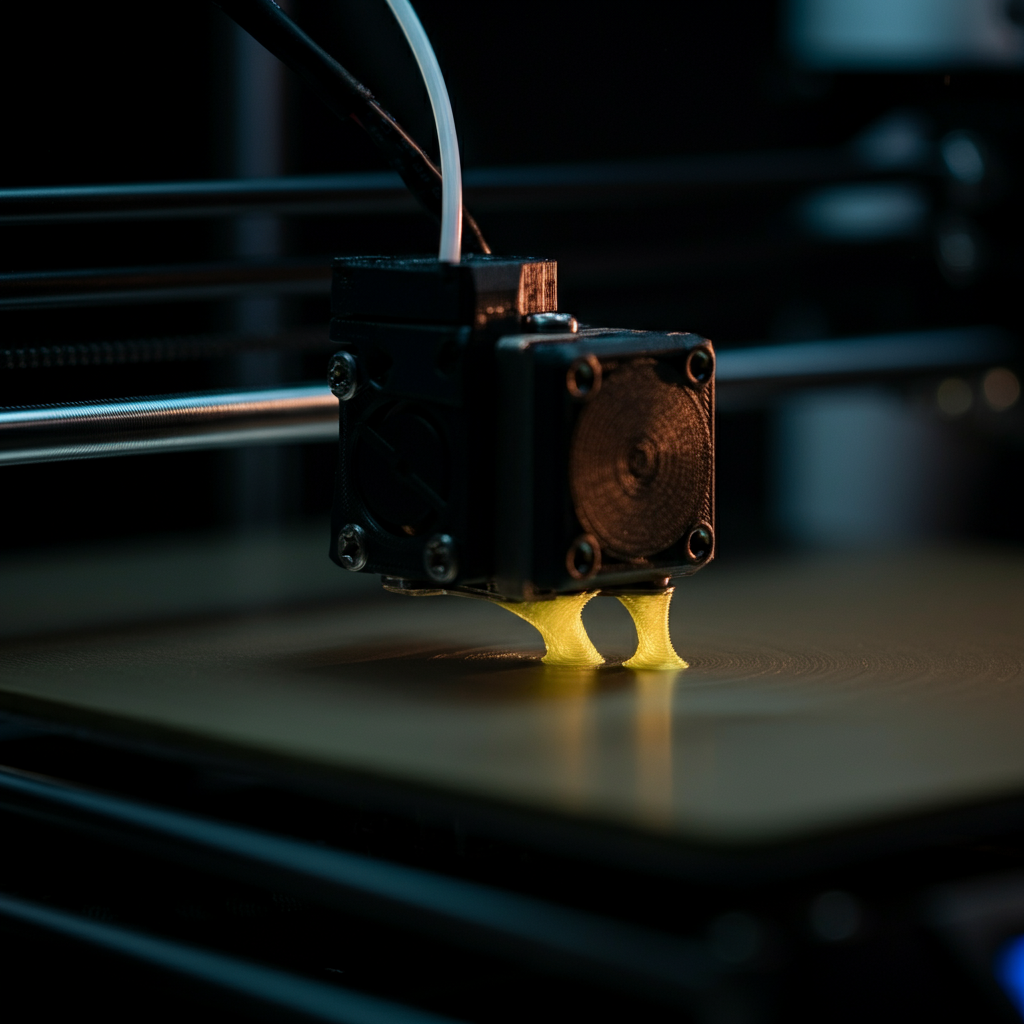 A close-up of the first layer of a test print being laid down on the 3D printer bed. The camera focuses on the adhesion of the filament to the bed.