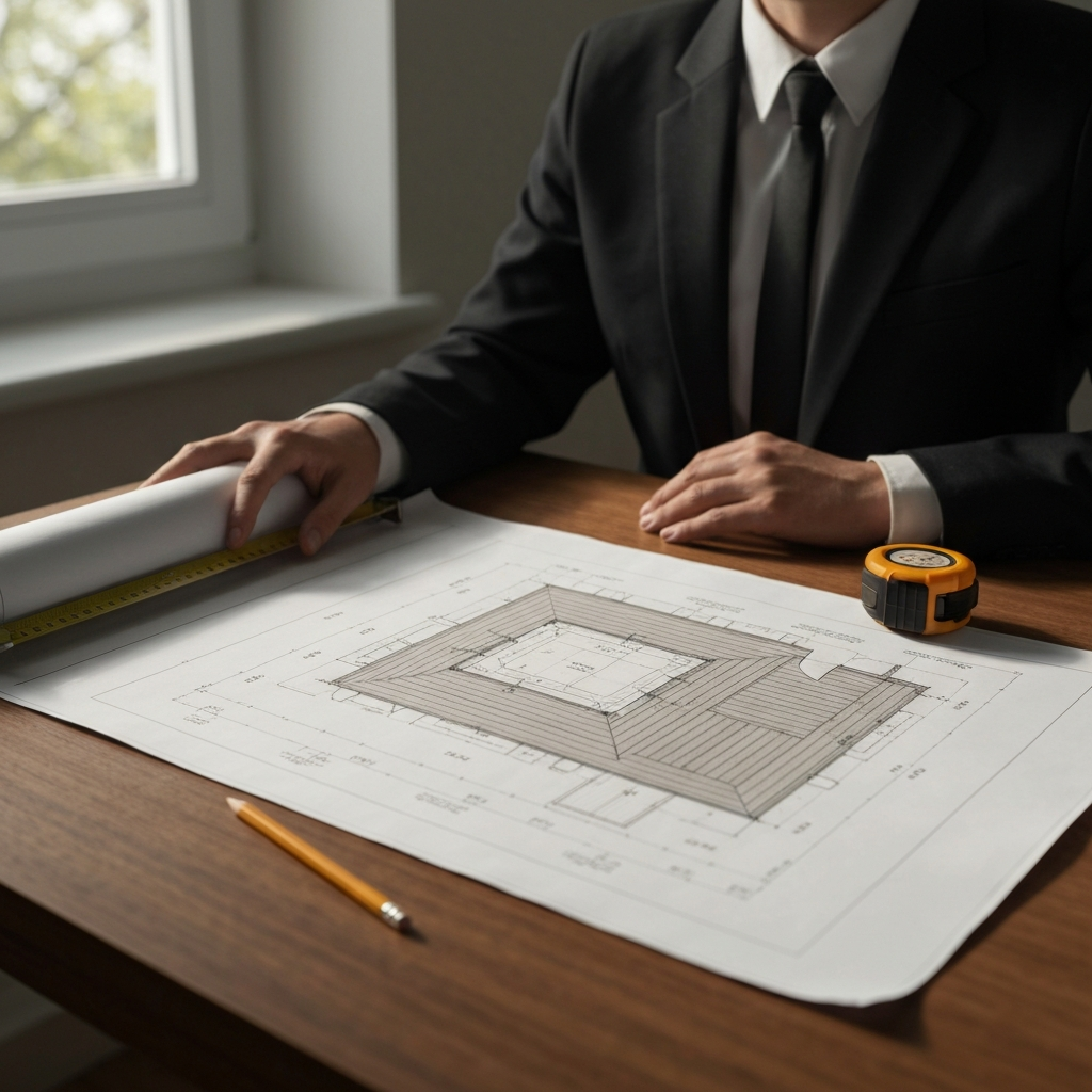 An architect's blueprint of a deck is laid out on a wooden table, illuminated by the soft morning light streaming through a nearby window. A tape measure and a set of pencils are neatly placed beside the blueprint.