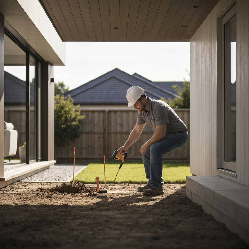 A construction worker in a hard hat uses a handheld device to scan the ground for underground utilities. The scene is shot in a suburban backyard on a sunny afternoon, with soft focus on the background.