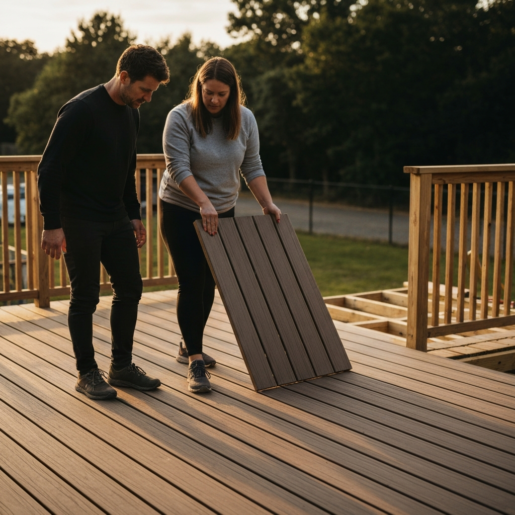A man and a woman stand on a partially completed deck, examining a sample of composite decking material. The scene is captured during golden hour, highlighting the texture of the wood and the natural outdoor setting.