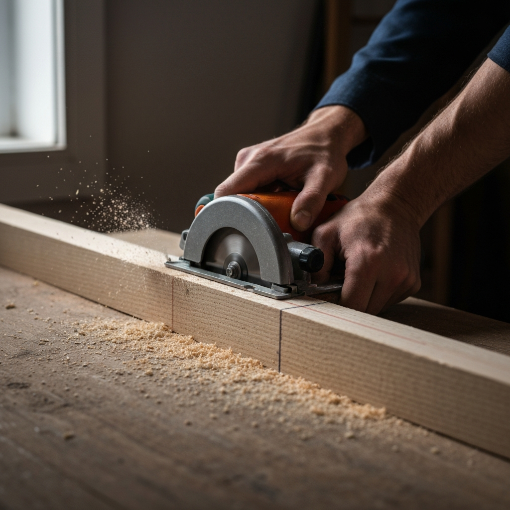 A close-up shot of a carpenter's hand guiding a circular saw along a chalk line on a piece of lumber. The sawdust is illuminated by the natural light from a nearby window, creating a dynamic texture.