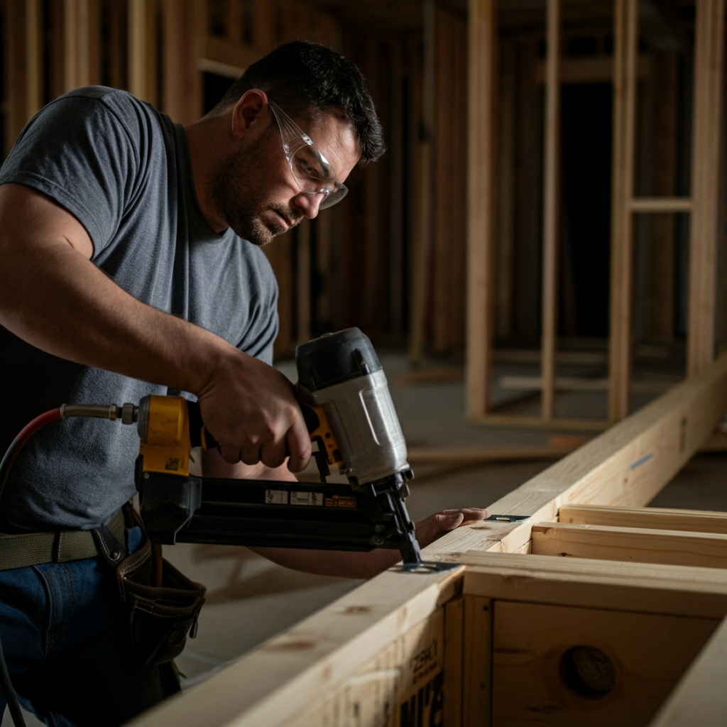 A medium shot of a construction worker using a nail gun to attach joist hangers to a ledger board. The worker is wearing safety glasses, and the background shows other framing lumber.