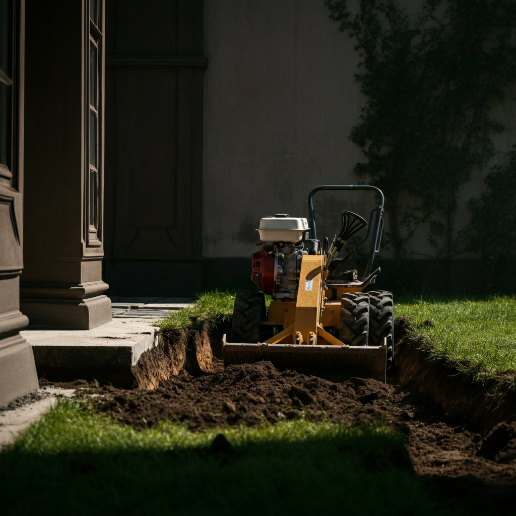 A post-hole digger resting in a freshly dug hole, with soft bokeh highlighting the surrounding grass and soil. The scene is side-lit, creating deep shadows and emphasizing the texture of the earth.