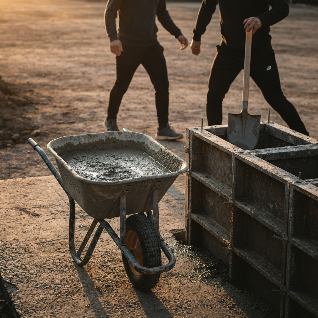 A wheelbarrow filled with wet concrete next to a pier form, with a shovel resting on the edge. The sun is shining, casting a warm glow on the concrete and surrounding construction area.