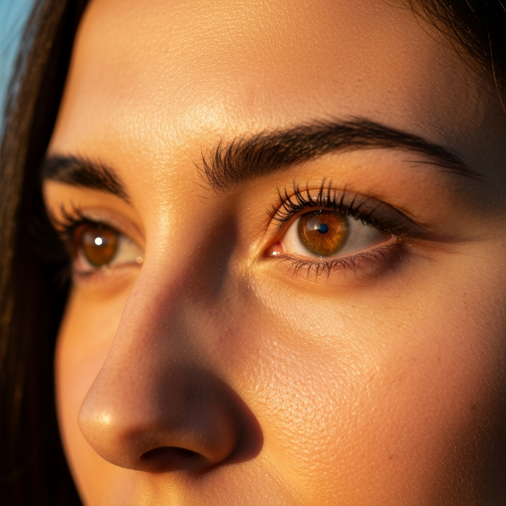 Close-up shot of a woman with honey brown eyes, bathed in golden hour lighting, showing the subtle variations of color within the iris. Soft bokeh in the background.