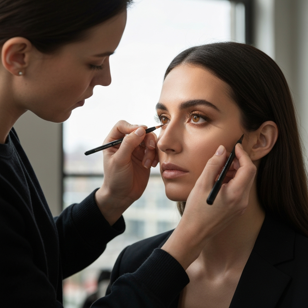 A makeup artist applying eyeliner to a model with cognac brown eyes in a professional studio. Natural light from a large window illuminates the model's face.