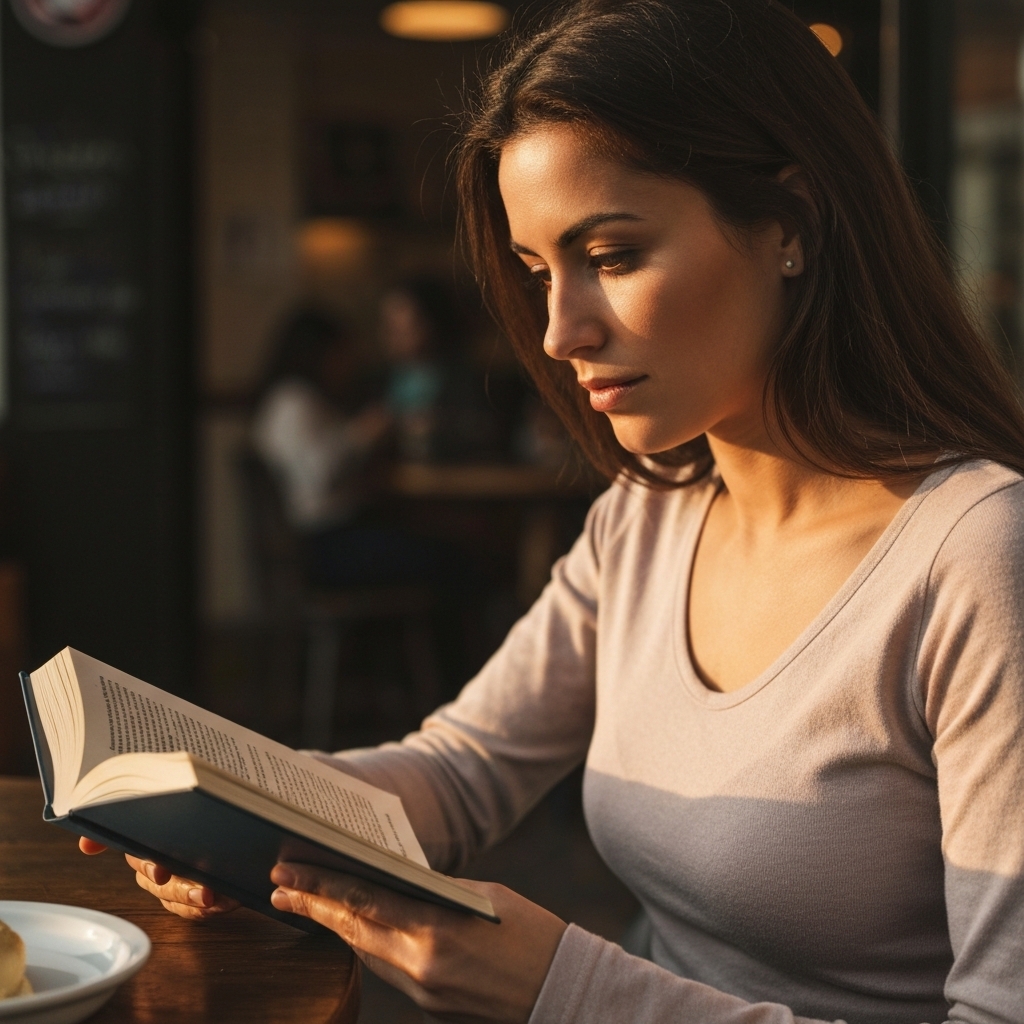 A woman with chestnut brown eyes sitting at a coffee shop, reading a book. The scene is side-lit, emphasizing the texture of her skin and the depth of her eye color. A soft, warm color grade.