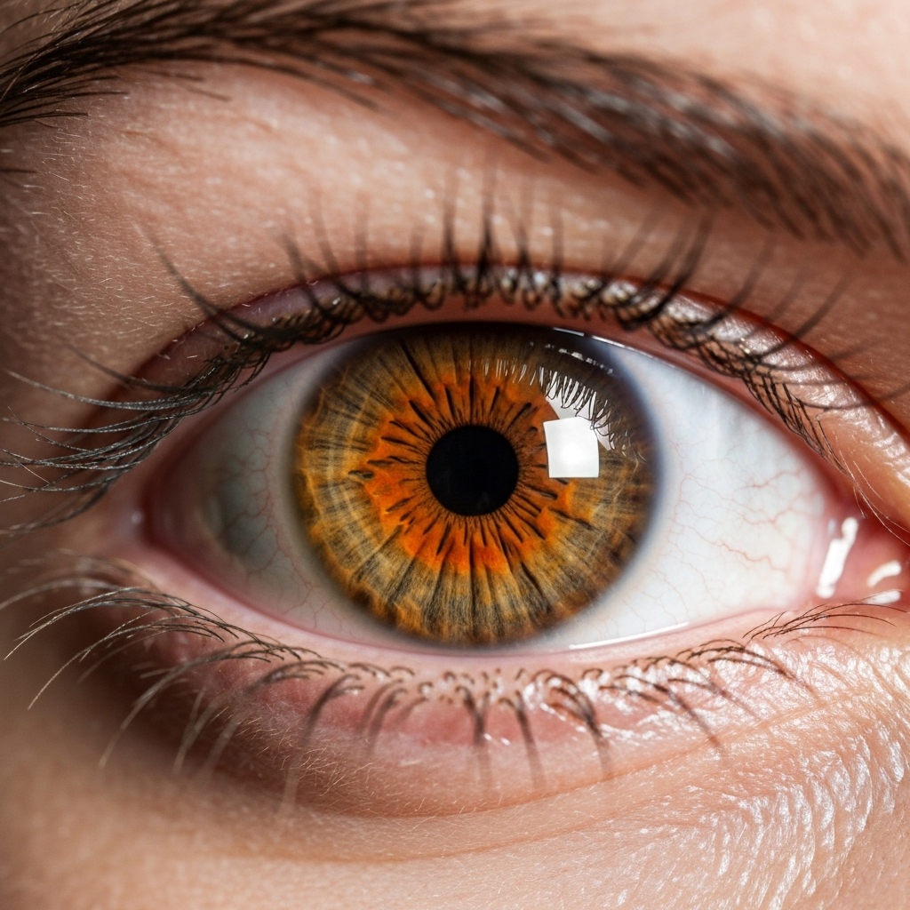 A close-up shot of a russet brown eye, focusing on the iris. Detailed textures are visible, highlighting the orange and brown tones. The lighting is diffused, revealing subtle variations.
