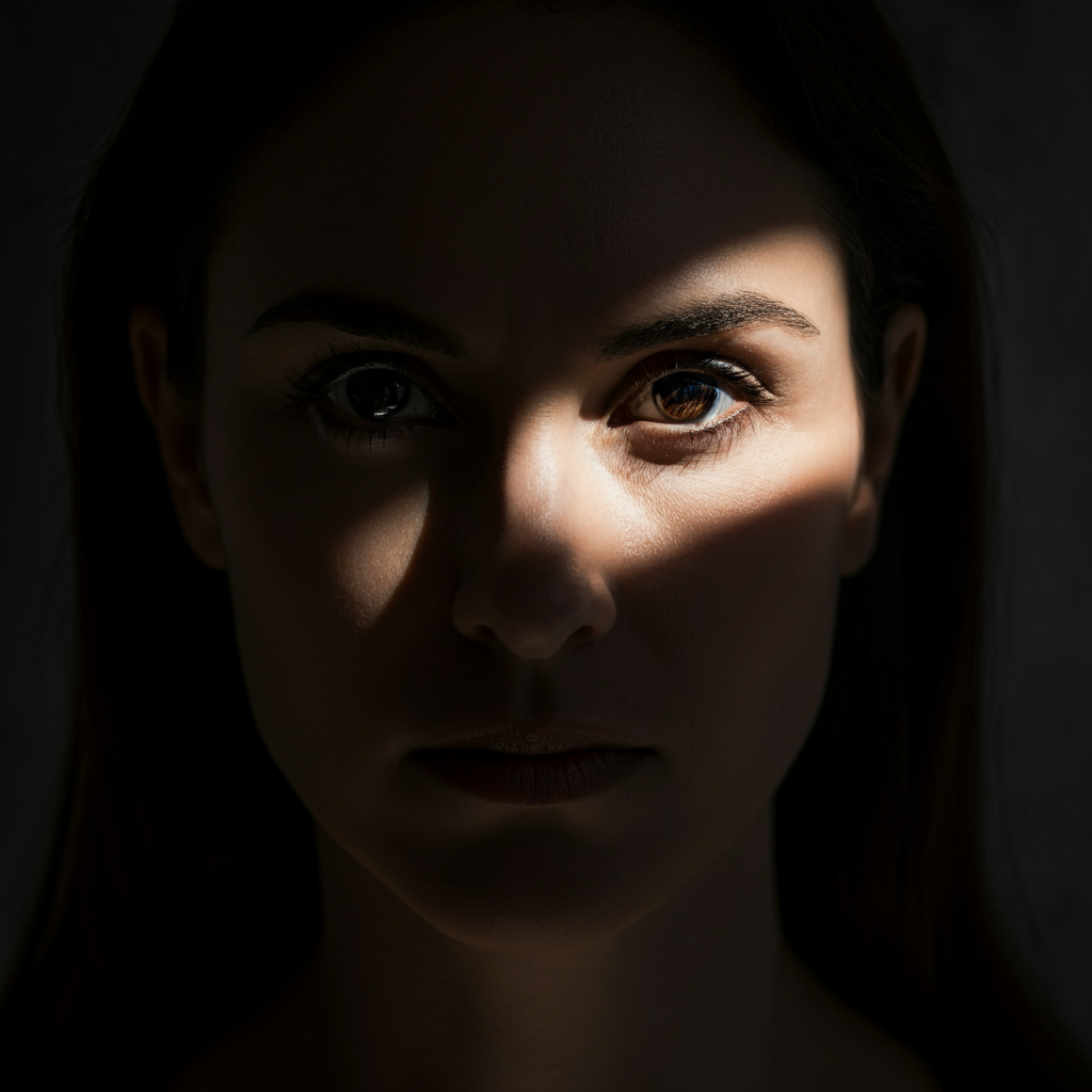 A woman with black-brown eyes looking directly at the camera. The background is dark and out of focus, emphasizing the intensity and depth of her gaze. Rim lighting is used to subtly define the edges of her face.