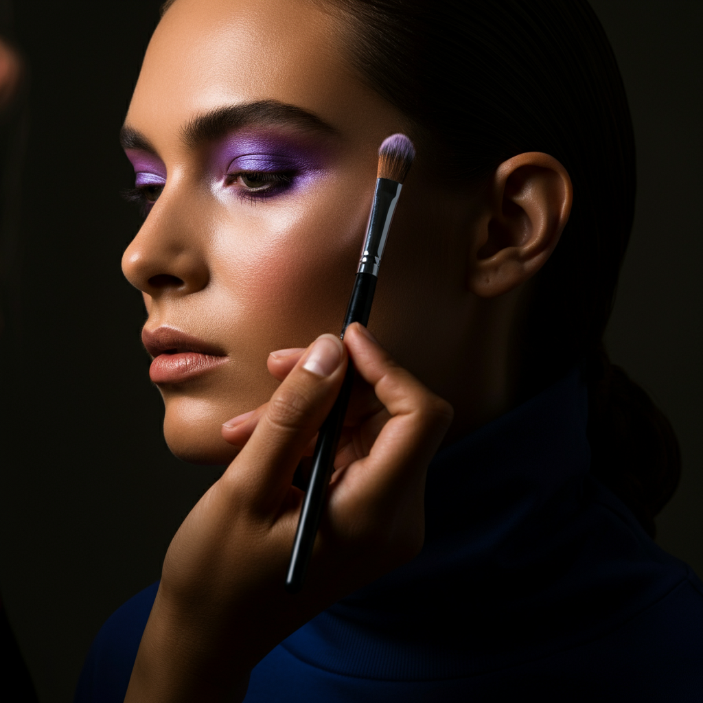 A makeup artist applying purple eyeshadow to a model with brown eyes, demonstrating a gradient effect. Soft, diffused lighting highlights the texture of the eyeshadow and the model's skin.
