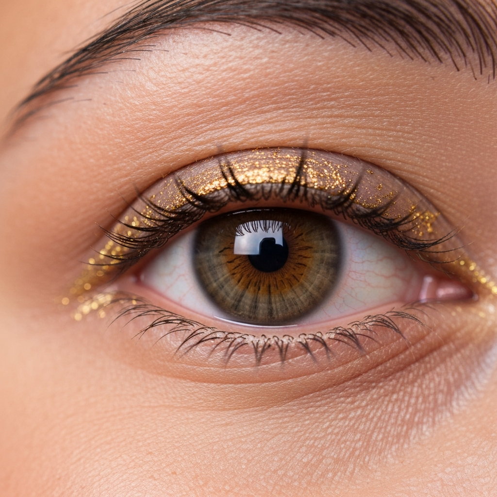 Close-up shot of a brown eye with gold metallic eyeliner applied. The light catches the metallic flakes, creating a subtle shimmer. The background is blurred to focus on the eye.