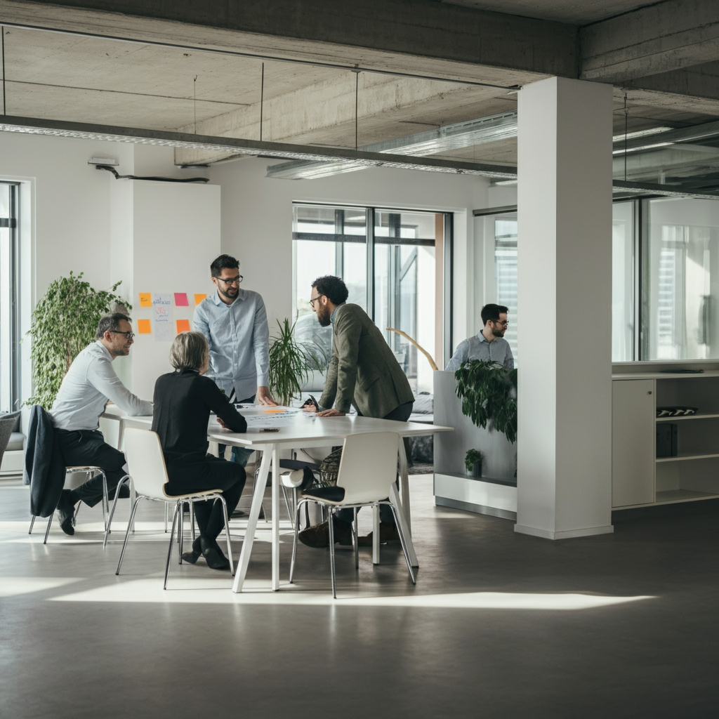 A bright, open-plan office space with several people collaborating around a large table, discussing project ideas. The scene is well-lit, showcasing professional attire and positive interaction.