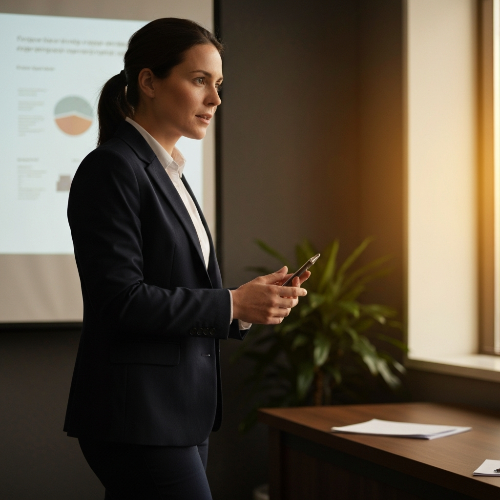 A person wearing business attire is shown confidently presenting a project proposal in a boardroom setting. Soft lighting highlights their focused expression and professional demeanor.