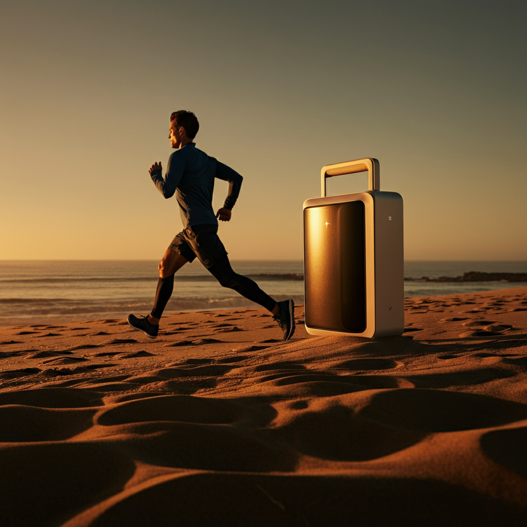 A person wearing running gear is seen jogging along a sun-drenched beach at sunrise. Soft golden hour lighting casts long shadows and emphasizes the texture of the sand.