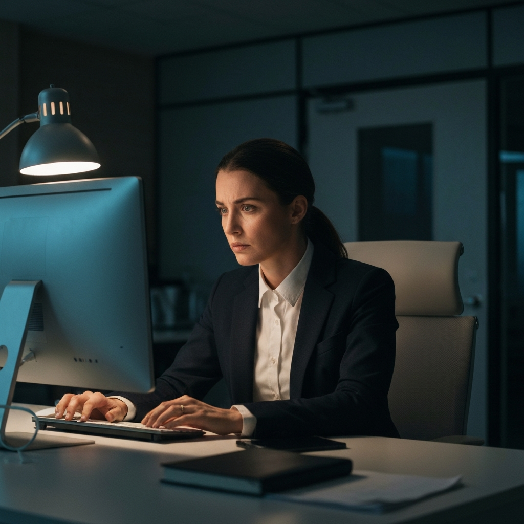 A person wearing professional clothing sits at a desk, working on a computer with a concerned expression. The office is dimly lit, creating a sense of anxiety and focus.