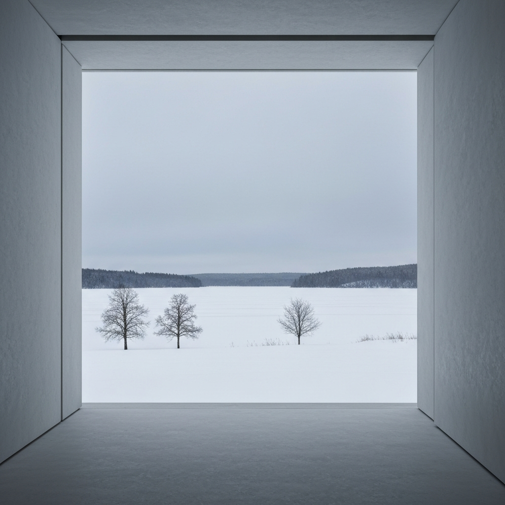 A serene image of a snow-covered landscape, with a frozen lake in the distance and a few bare trees silhouetted against a soft, grey sky, portraying the peacefulness of winter.
