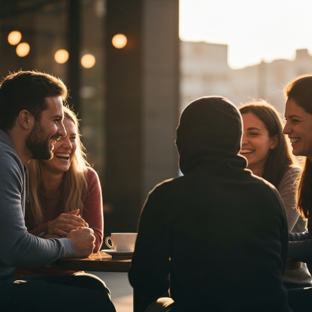 A group of friends are sitting together in a cafe, laughing and talking. The scene is warmly lit, with soft bokeh in the background, creating a sense of camaraderie and connection.