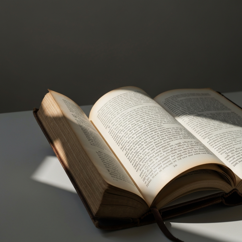 A weathered, leather-bound book open to a page discussing ancient Greek philosophy, illuminated by a soft, diffused light, revealing the texture of the paper and the aged ink.