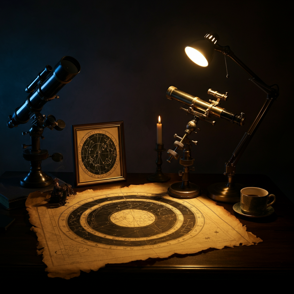 An astrologer's desk cluttered with charts, telescopes, and a cup of steaming coffee, illuminated by a desk lamp, highlighting the textures of parchment and metal.