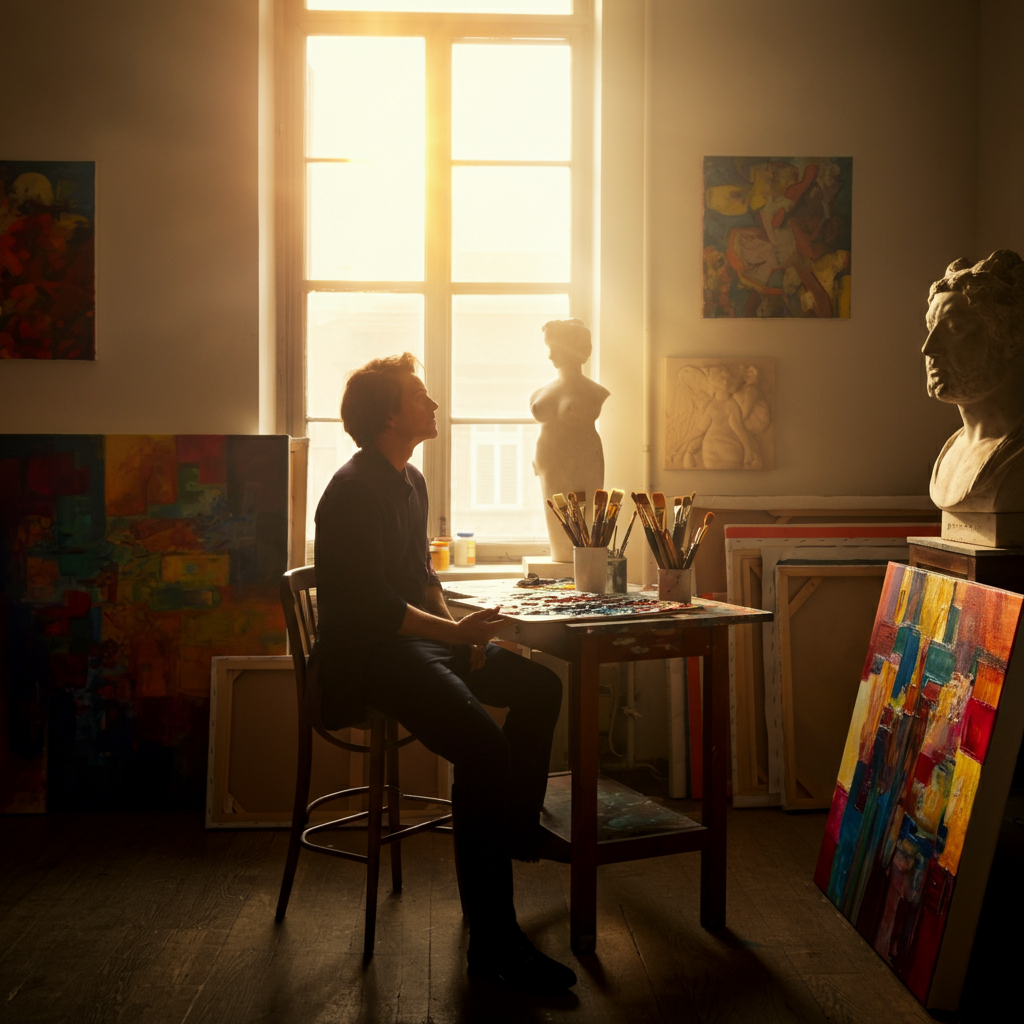 A vibrant artist's studio filled with colorful canvases, paintbrushes, and sculptures, sun streaming through a large window, capturing the dynamic energy of the space.