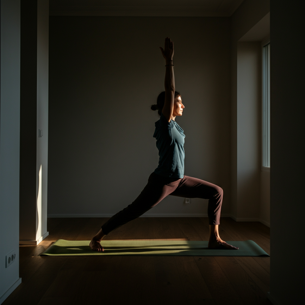 A yoga practitioner in a warrior pose, bathed in the warm glow of sunrise, highlighting the strength and serenity of their posture.