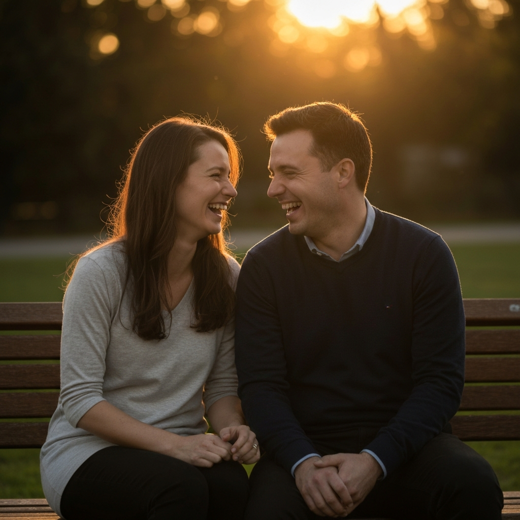 A couple sits on a park bench, side-lit by the setting sun. They are laughing together, with soft bokeh in the background highlighting the golden hour lighting.
