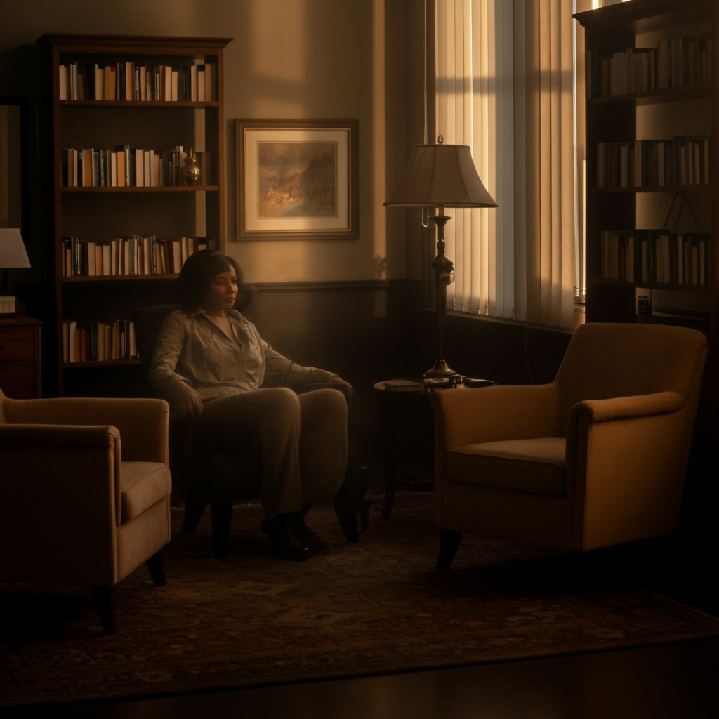 A therapist's office with comfortable seating, a bookshelf filled with psychology books, and natural light streaming in through a window. A professional setting with warm and inviting colors.
