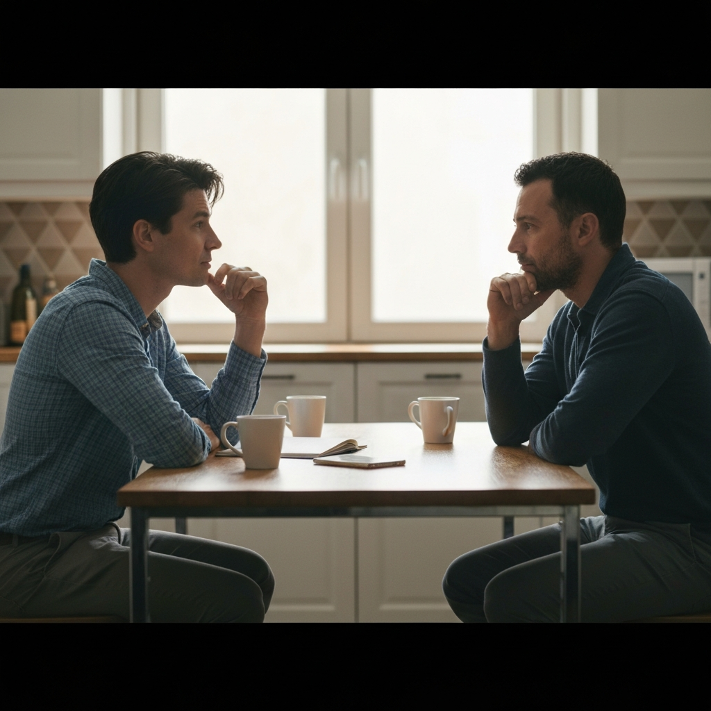 A couple sits across from each other at a kitchen table, engaged in a thoughtful conversation. The scene is lit naturally, with the focus on their expressions and body language, conveying empathy and understanding.