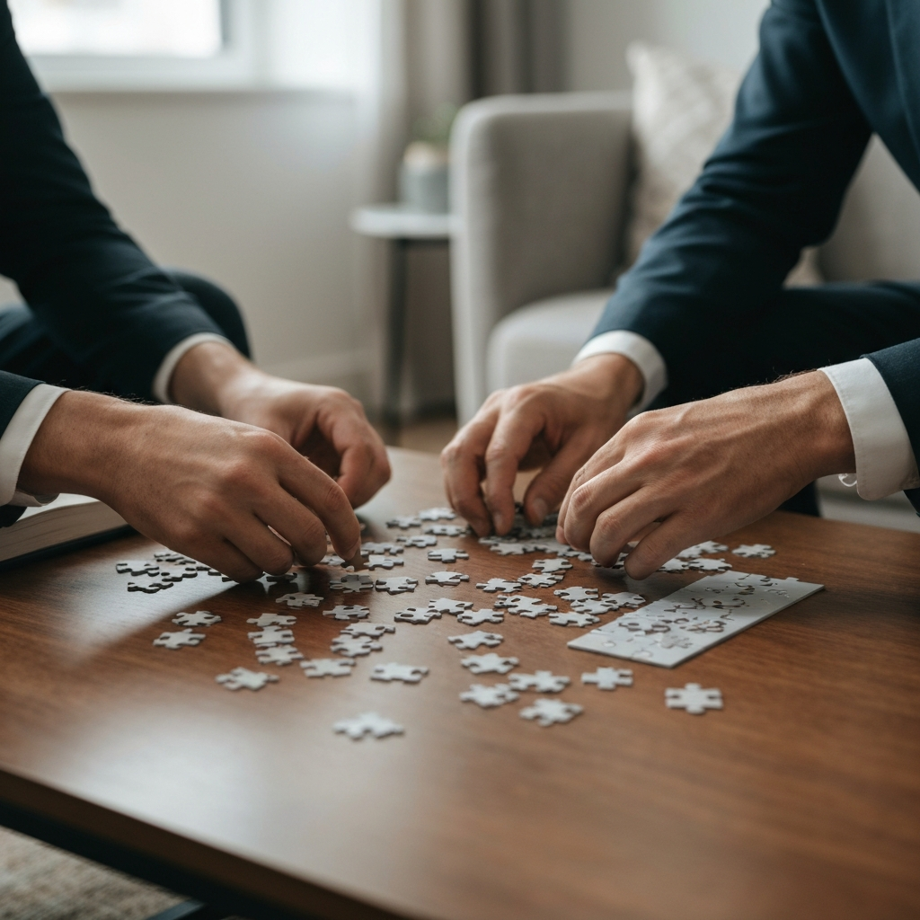Two hands work together to assemble a puzzle on a coffee table. The scene is well-lit, focusing on the textures of the puzzle pieces and the cooperative effort.