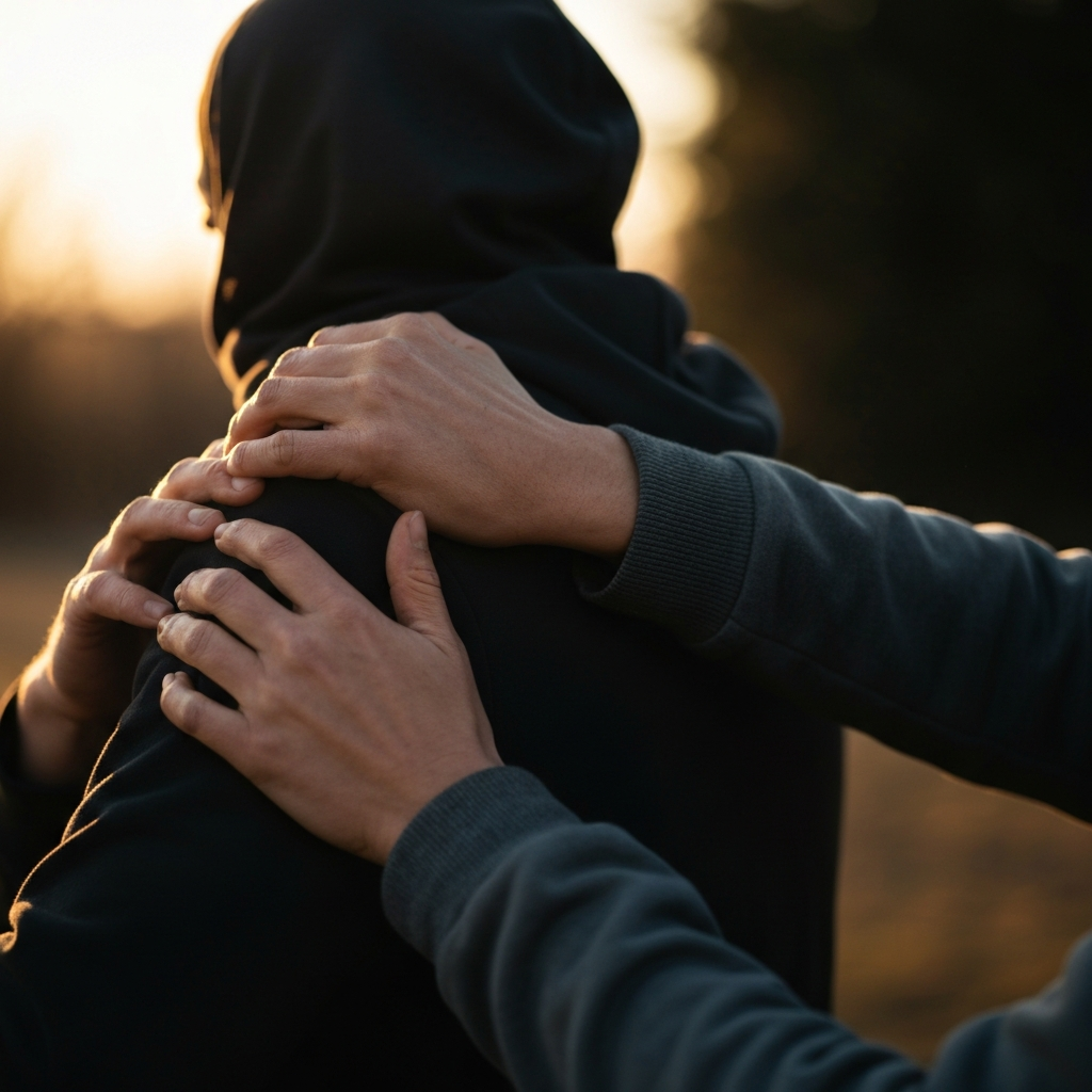 A person gently touches another's shoulder in a gesture of support and affection. The scene is softly lit, highlighting the texture of their clothing and the warmth of their touch.