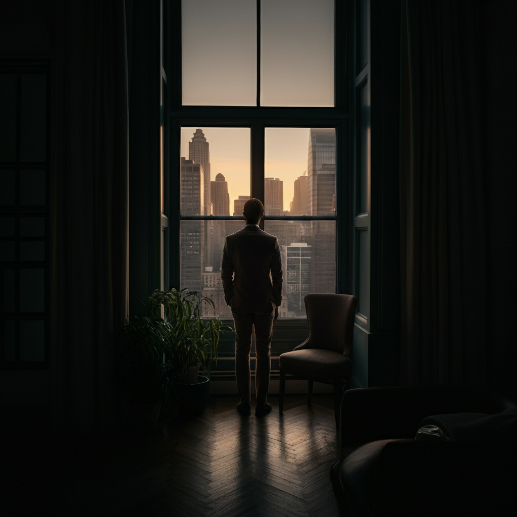 A person stands at a window, gazing out at a city skyline, bathed in the soft light of dawn. The scene conveys a sense of peaceful solitude and introspection.