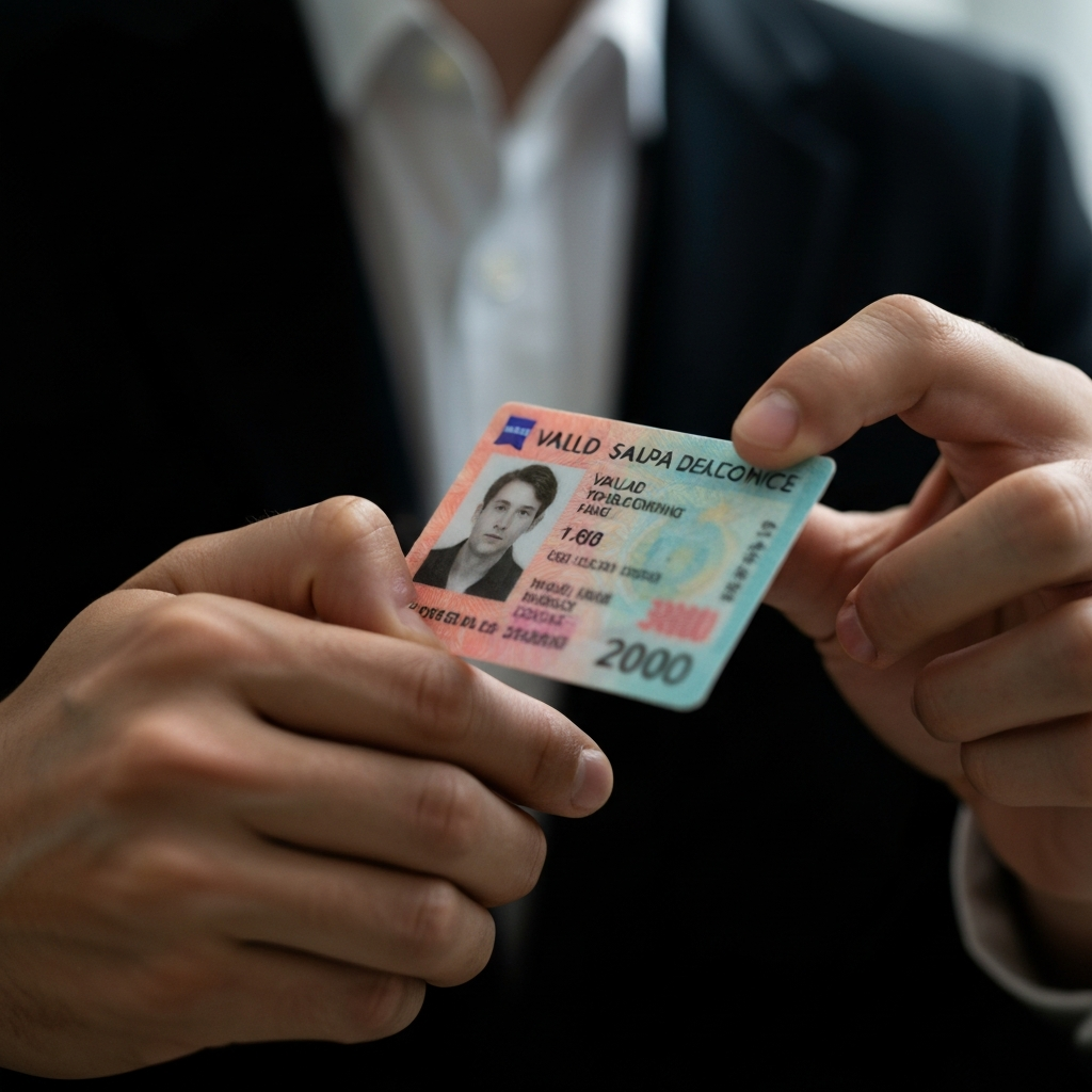 A close-up of a hand holding a valid driver's license. Soft, diffused light highlights the details of the card, with a shallow depth of field blurring the background slightly.