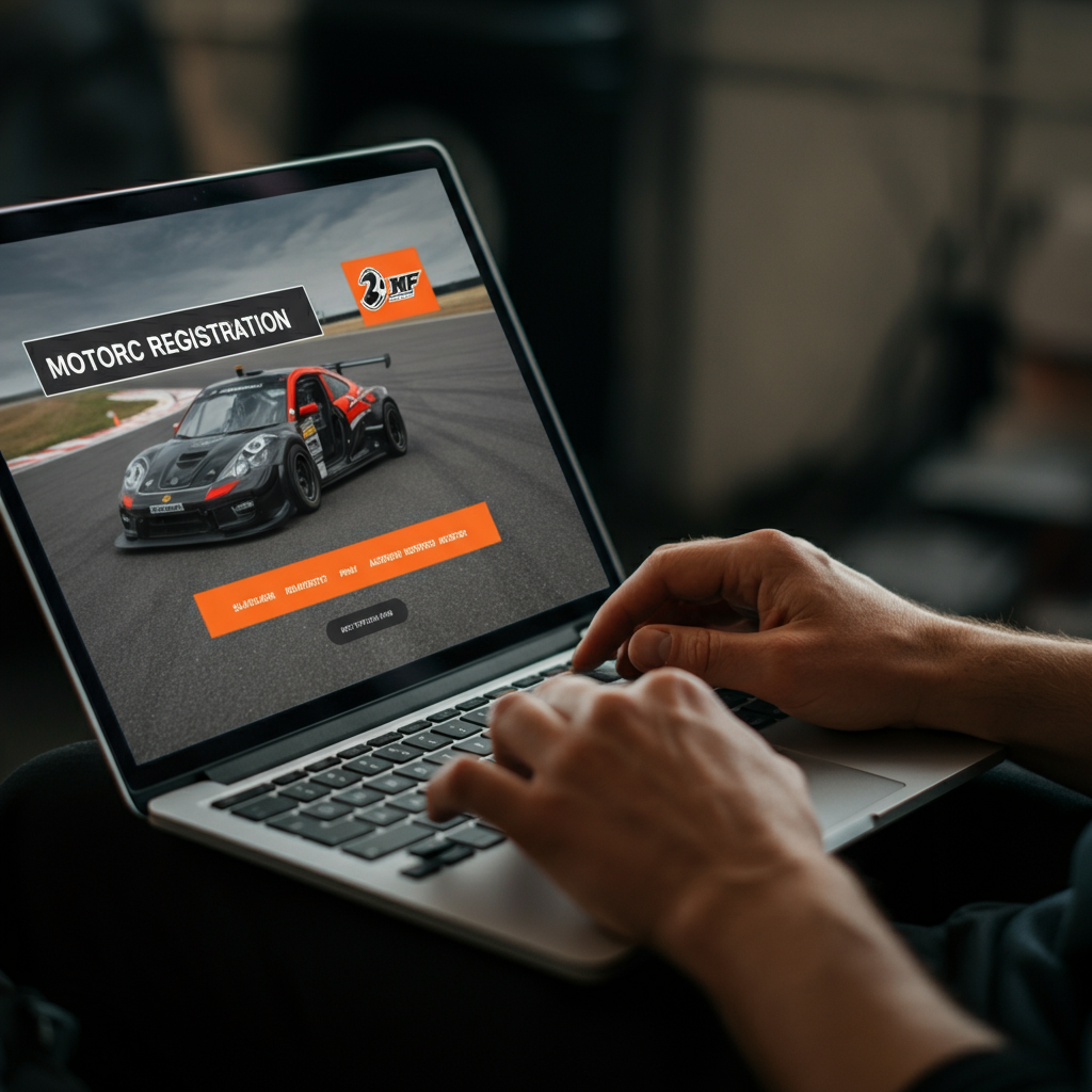 A person using a laptop to browse a motorsport registration website. The screen is slightly blurred to protect privacy, but the focus is on the user's hands and the laptop's keyboard.