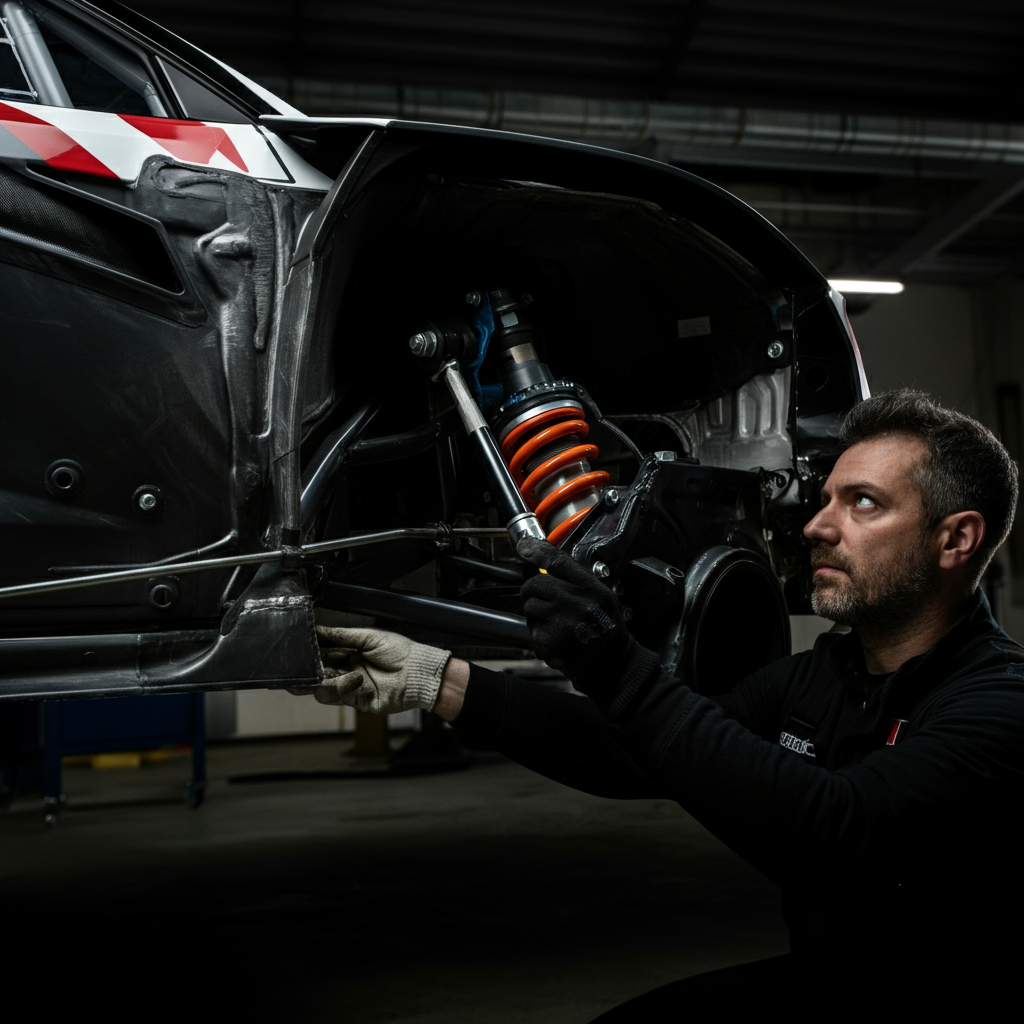 A mechanic working on the suspension of a rallycross car. Side-lit textures of the car's undercarriage are visible, with a focus on the sway bar and suspension components.