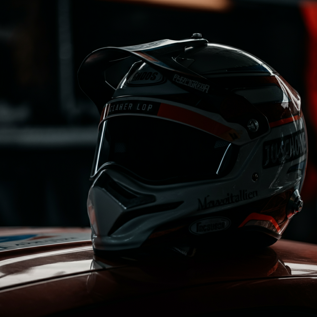 A close-up of a rallycross helmet resting on the hood of a car. Soft bokeh blurs the background, highlighting the helmet's design and safety certifications. The helmet is clean and well-maintained.