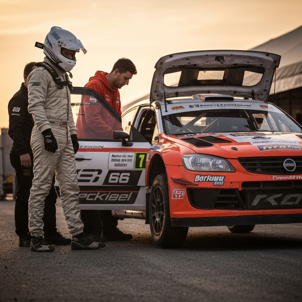 A rallycross car undergoing a tech inspection. A race official is checking the car's safety equipment, while the driver stands nearby. The atmosphere is professional and safety-conscious.