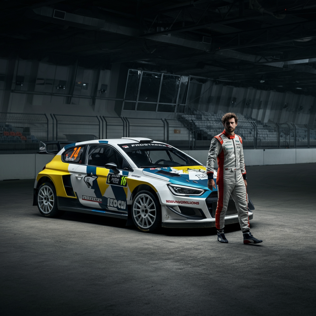 Rallycross drivers walking the course, discussing the best lines and braking points. The lighting is overcast, providing even illumination and highlighting the texture of the dirt track.